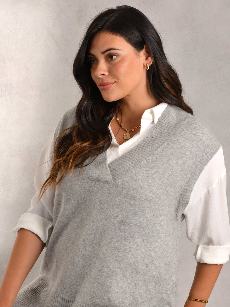 Grey V-Neck Knitted Longline Vest