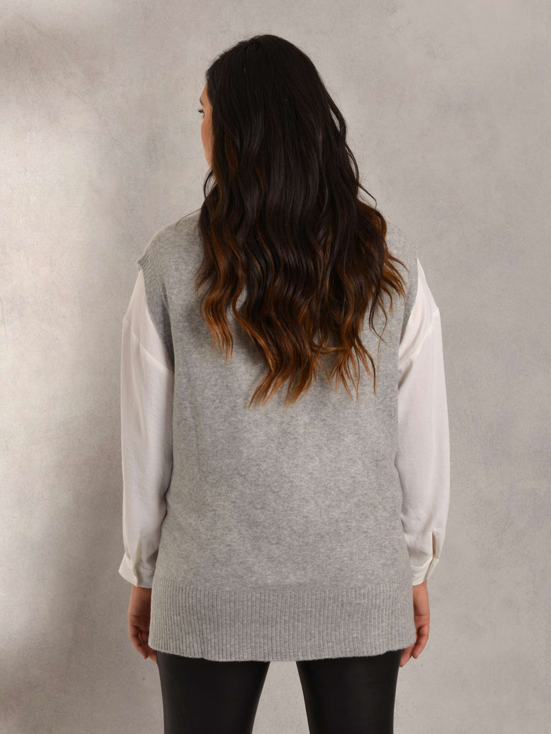 Grey V-Neck Knitted Longline Vest