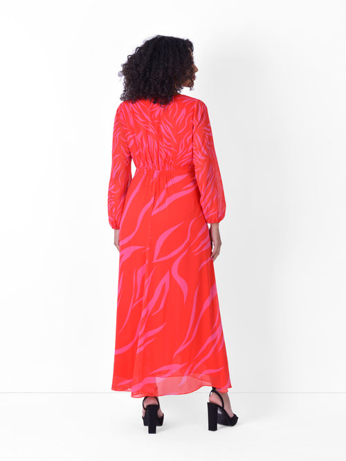 Red & Pink Zebra Print Maxi Dress With Blouson Sleeves