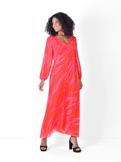 Red & Pink Zebra Print Maxi Dress With Blouson Sleeves