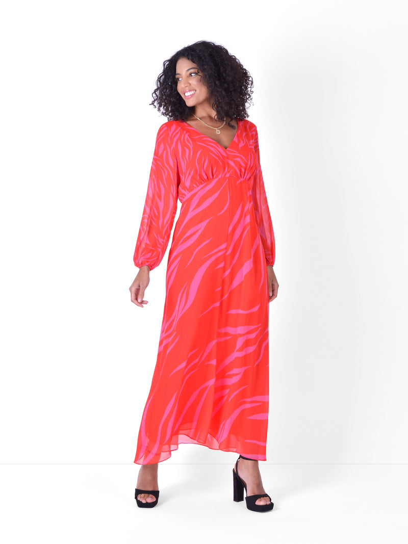 Red & Pink Zebra Print Maxi Dress With Blouson Sleeves