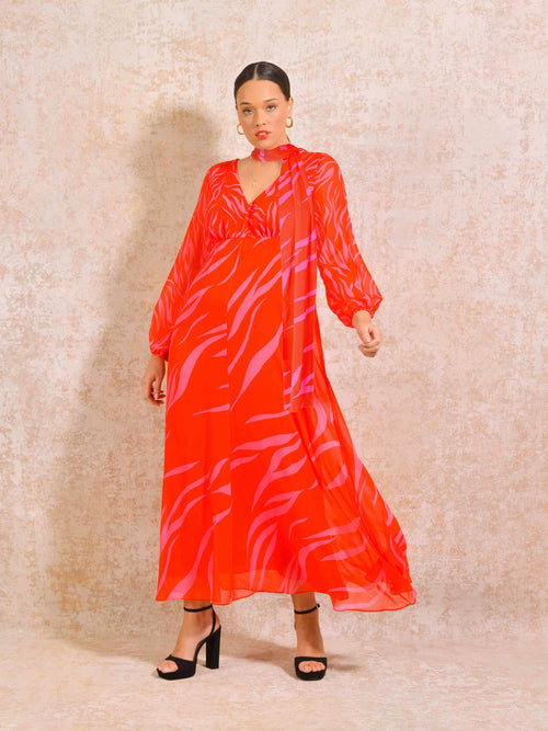 Red & Pink Zebra Print Maxi Dress With Blouson Sleeves