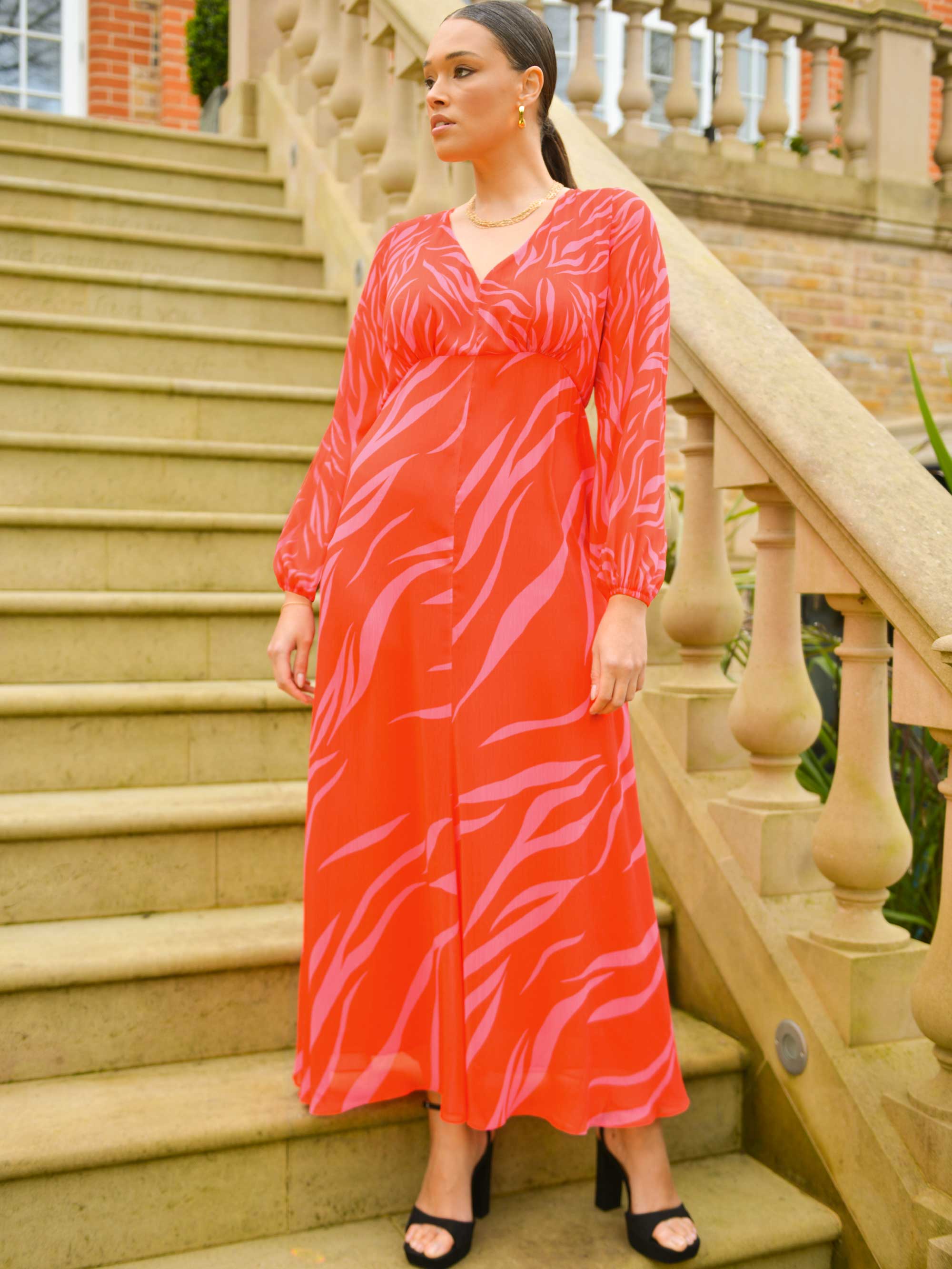 Red & Pink Zebra Print Maxi Dress With Blouson Sleeves