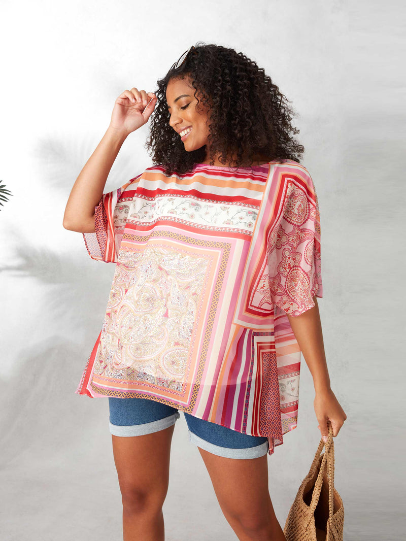 Pink Multi Tile Print Overlay Blouse