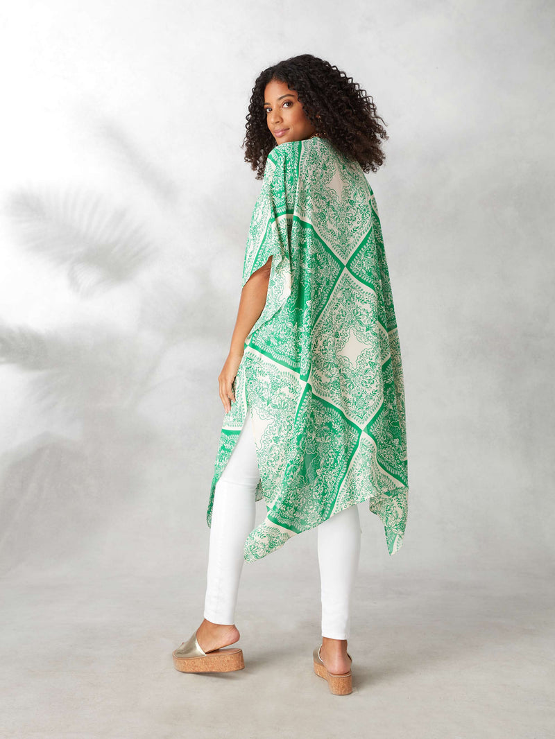 Green Tile Print Longline Kimono