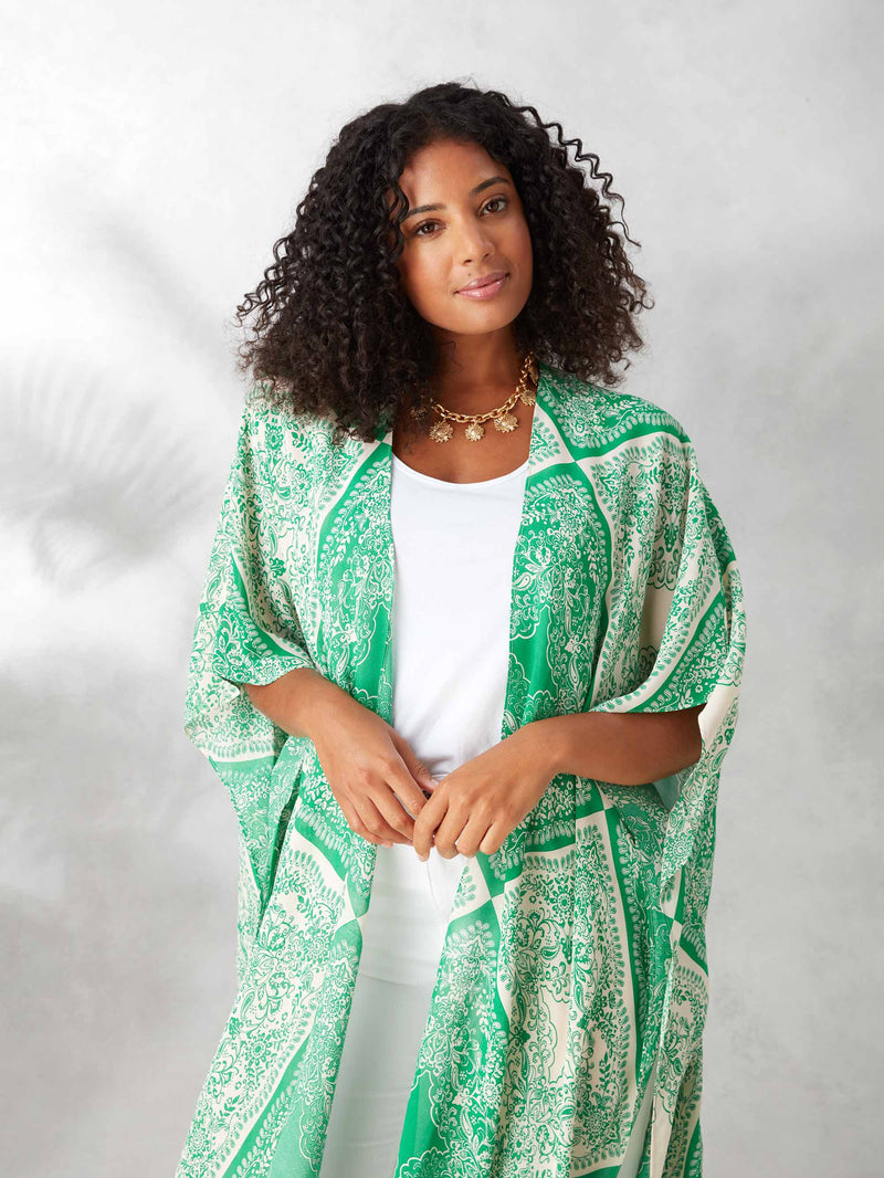 Green Tile Print Longline Kimono