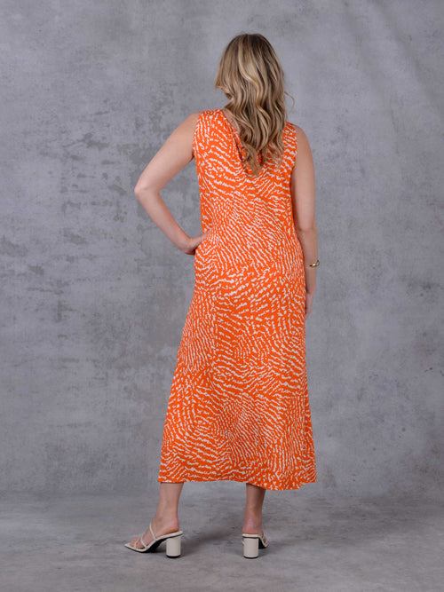 Orange Printed Column Jersey Midi Dress