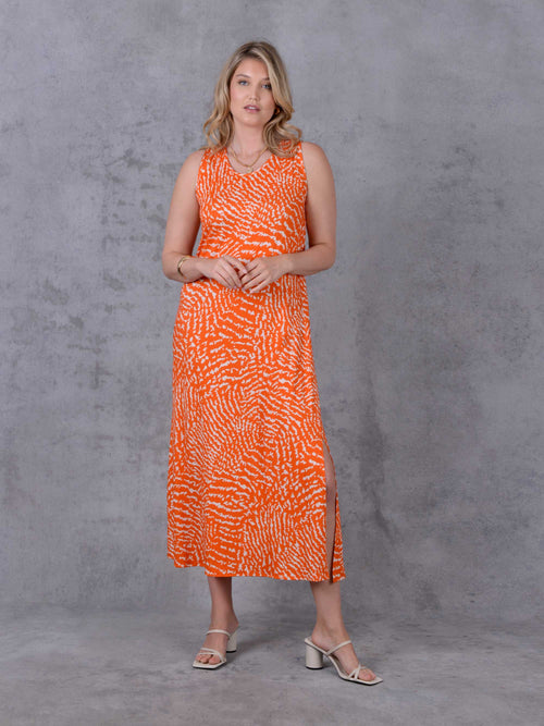 Orange Printed Column Jersey Midi Dress