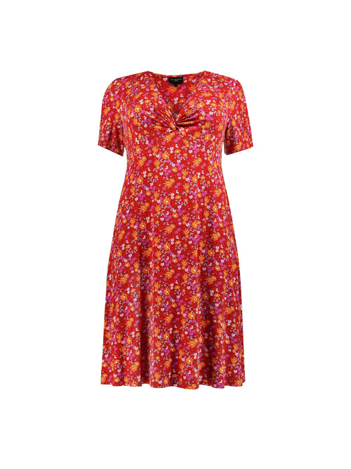 Pink Ditsy Print Knotted Front Jersey Dress