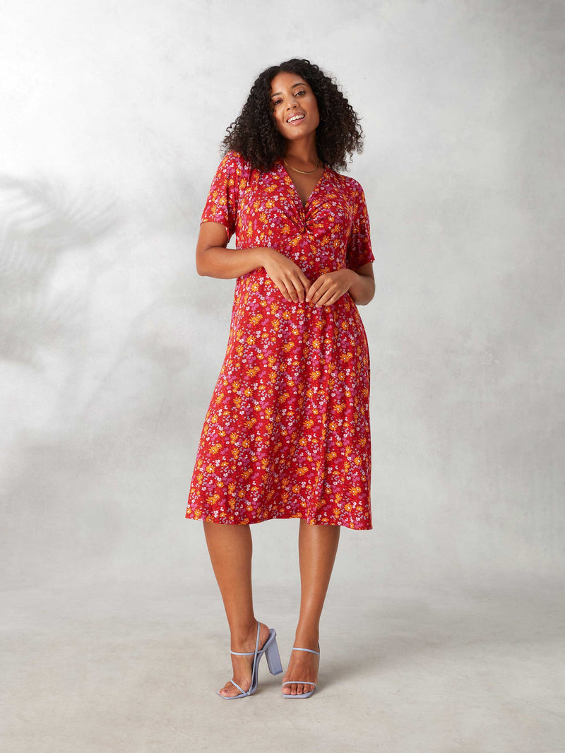 Pink Ditsy Print Knotted Front Jersey Dress