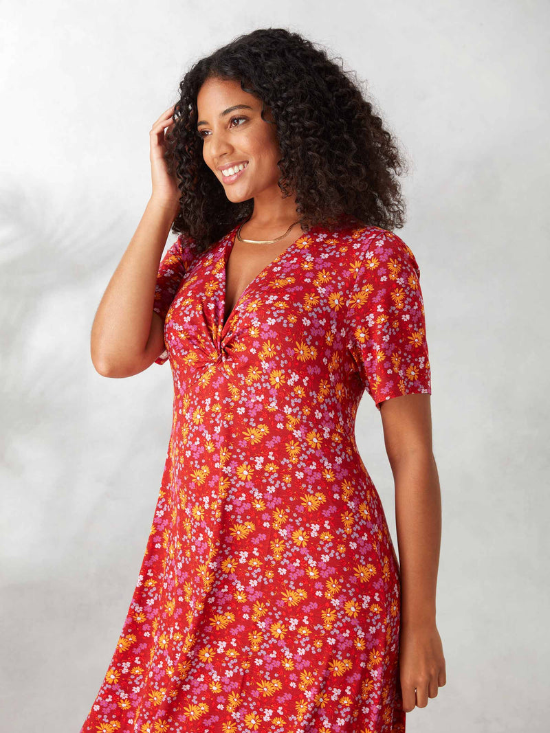Pink Ditsy Print Knotted Front Jersey Dress