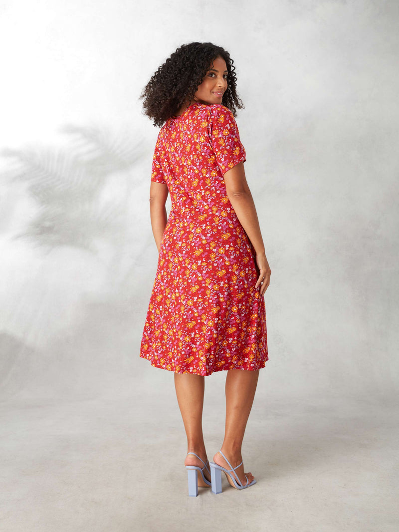 Pink Ditsy Print Knotted Front Jersey Dress
