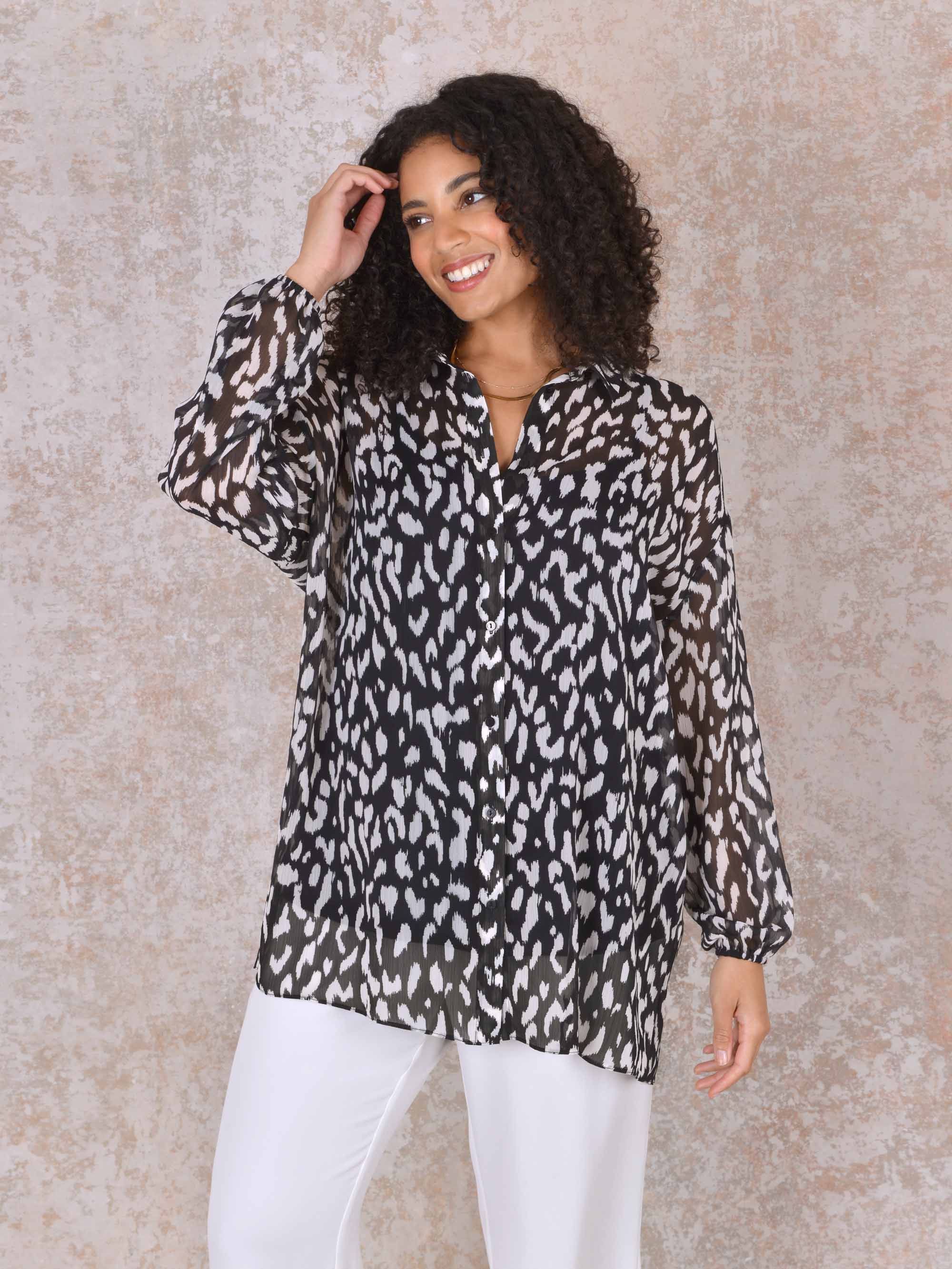 Mono Non-Print Blouson Sleeve Longline Chiffon Shirt