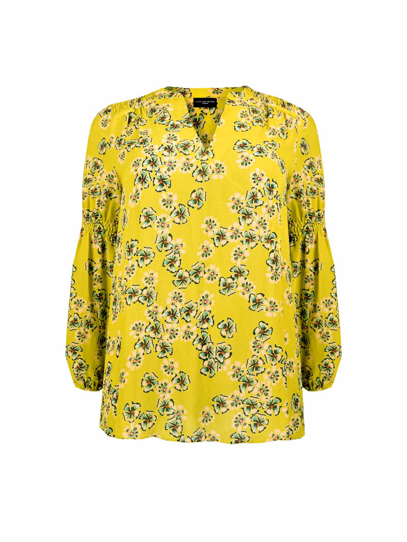Chartreuse Floral Print Shirred Yoke Viscose Blouse