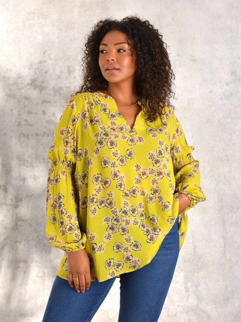 Chartreuse Floral Print Shirred Yoke Viscose Blouse