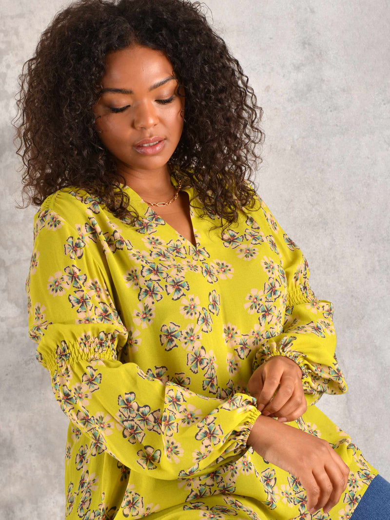 Chartreuse Floral Print Shirred Yoke Viscose Blouse