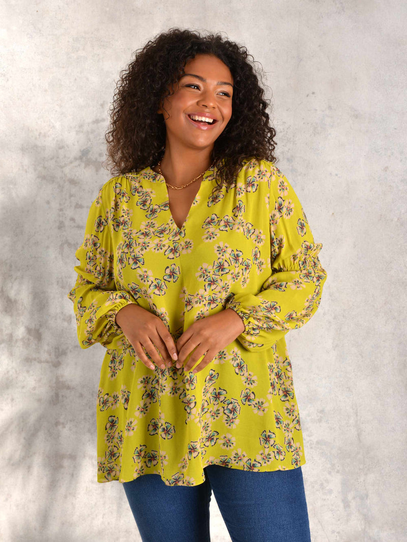 Chartreuse Floral Print Shirred Yoke Viscose Blouse