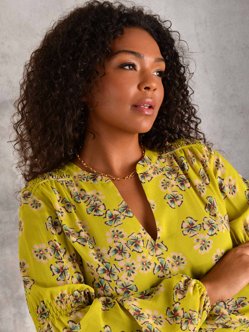 Chartreuse Floral Print Shirred Yoke Viscose Blouse