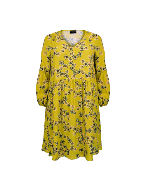 Chartreuse Floral Print A-Line Viscose Dress