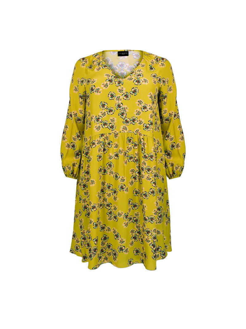 Chartreuse Floral Print A-Line Viscose Dress