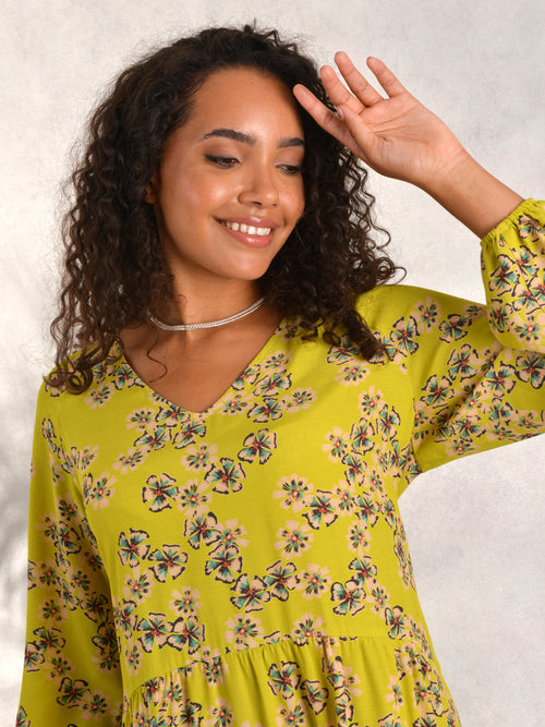 Chartreuse Floral Print A-Line Viscose Dress