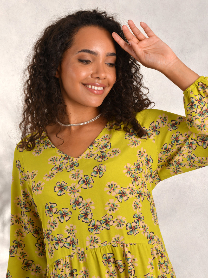 Chartreuse Floral Print A-Line Viscose Dress