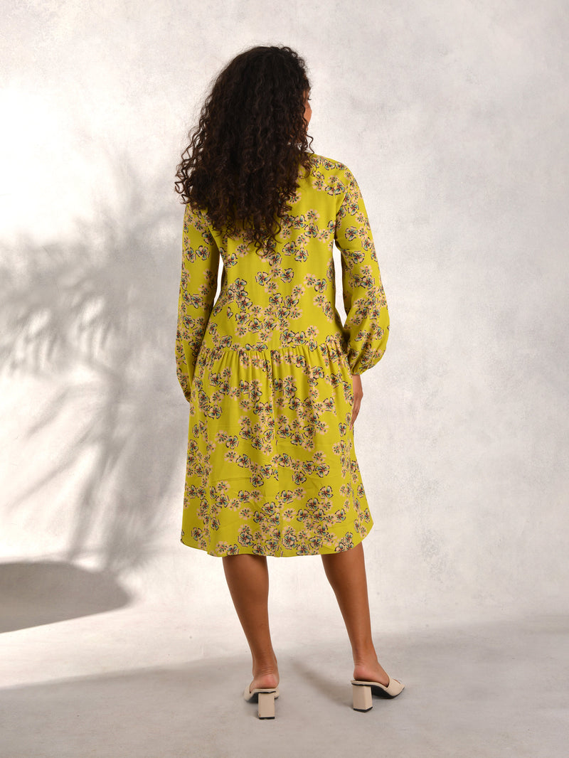 Chartreuse Floral Print A-Line Viscose Dress