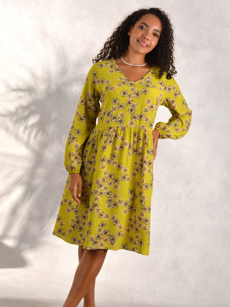 Chartreuse Floral Print A-Line Viscose Dress