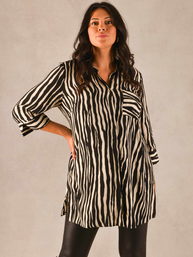 Zebra Printed Viscose Cupro Blend Longline Shirt