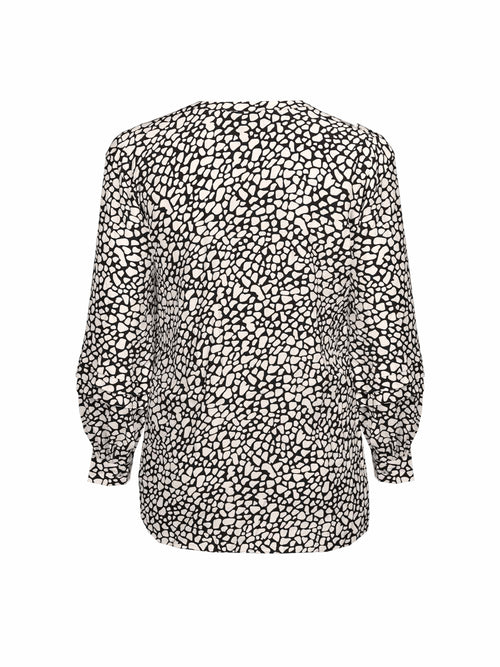 Black Animal Print Highlow Hem Pleated Sleeve Viscose Blouse
