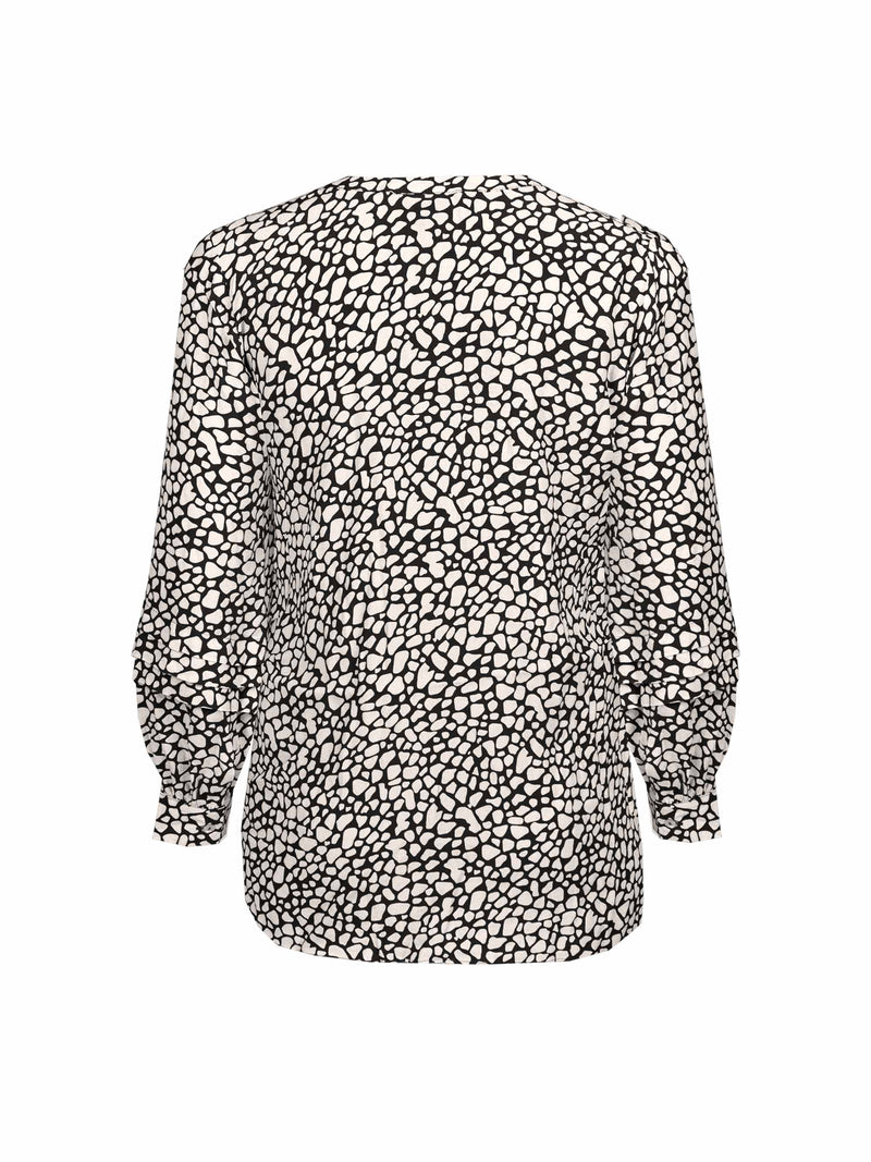 Black Animal Print Highlow Hem Pleated Sleeve Viscose Blouse