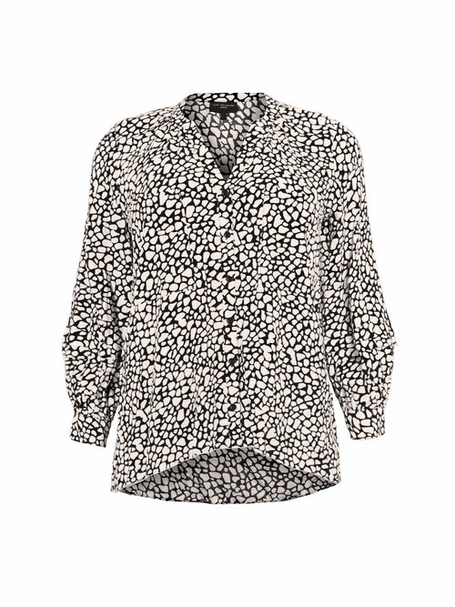 Black Animal Print Highlow Hem Pleated Sleeve Viscose Blouse