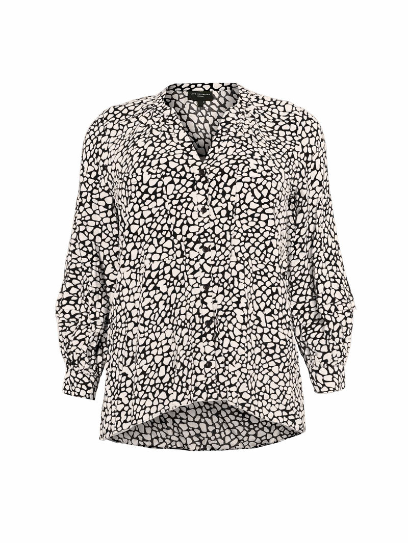 Black Animal Print Highlow Hem Pleated Sleeve Viscose Blouse