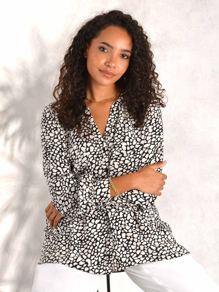 Black Animal Print Highlow Hem Pleated Sleeve Viscose Blouse