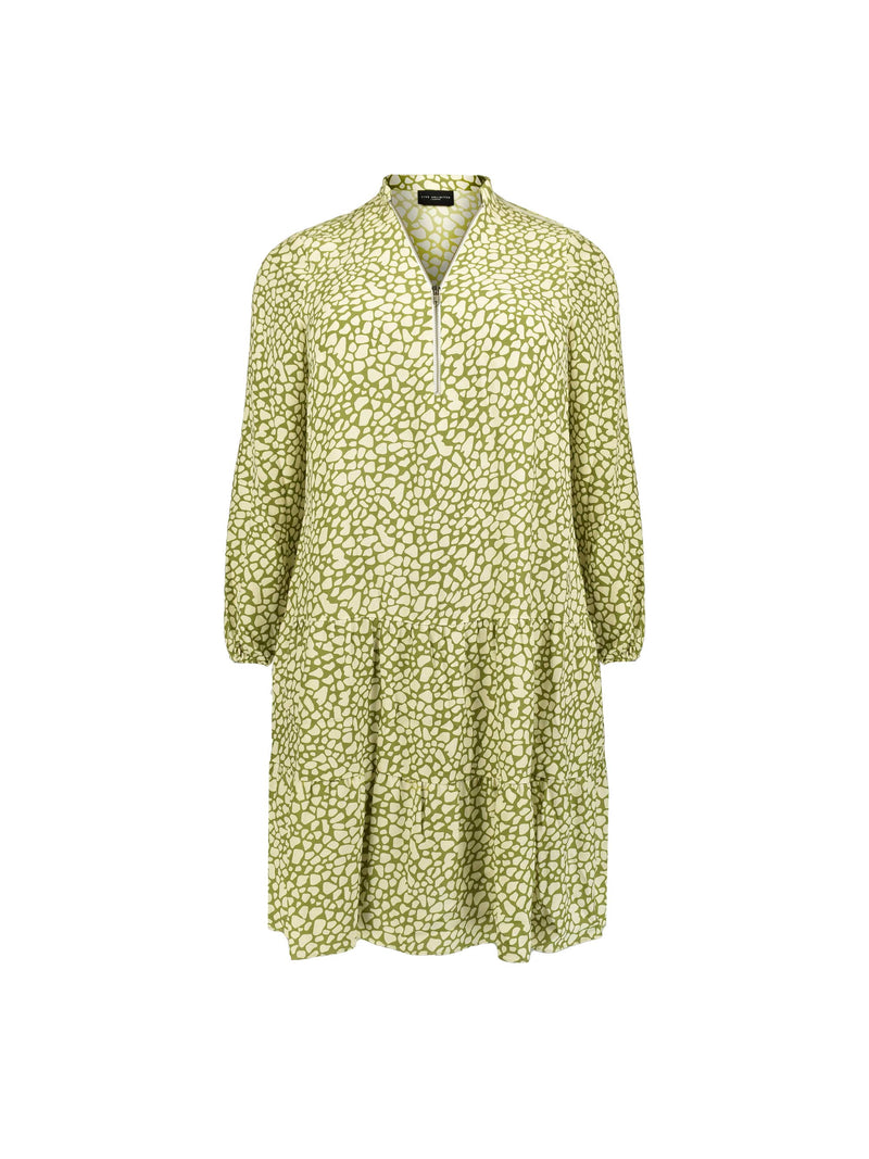 Green Animal Print Zip Front Tiered Dress