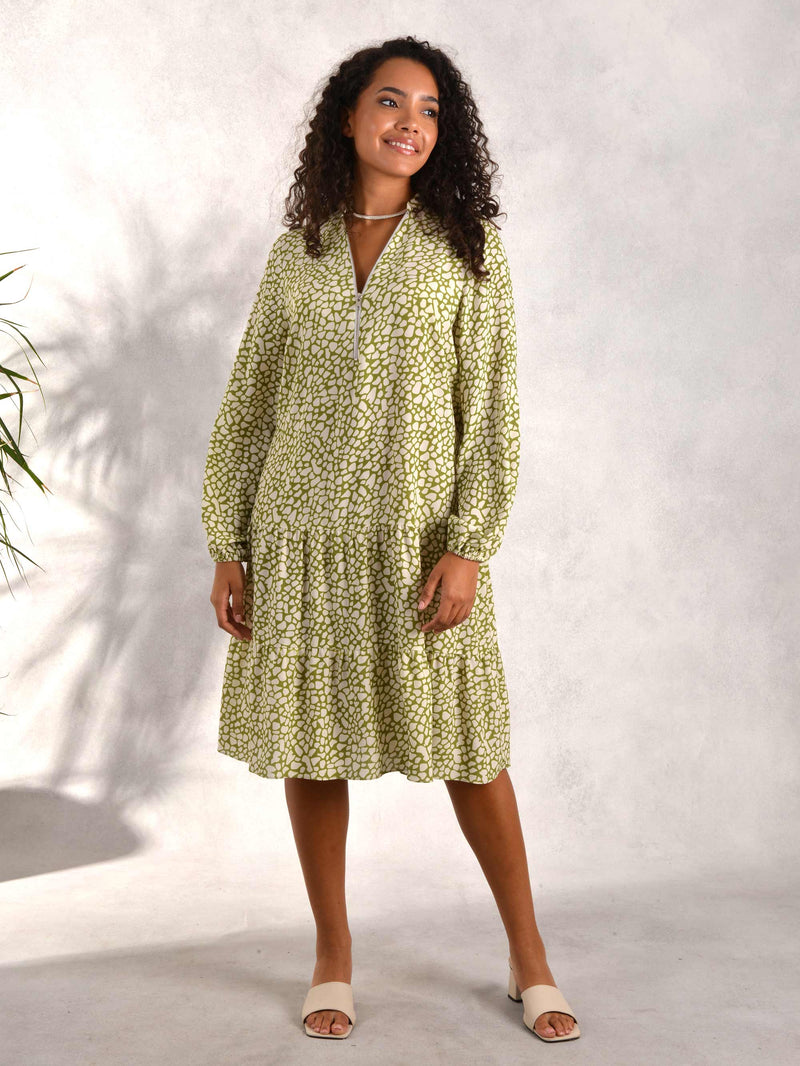 Green Animal Print Zip Front Tiered Dress