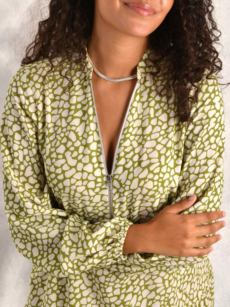 Green Animal Print Zip Front Tiered Dress