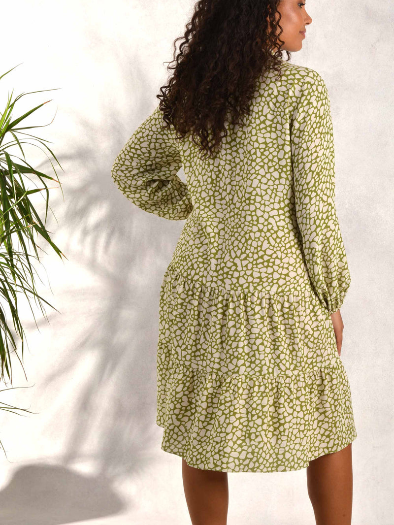 Green Animal Print Zip Front Tiered Dress