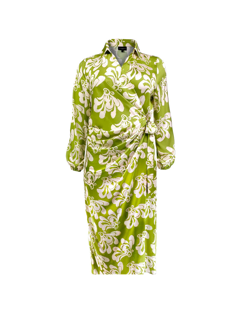 Green Floral Satin Wrap Shirt Midi Dress