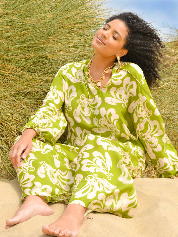 Green Floral Satin Tie Neck Relaxed Blouse