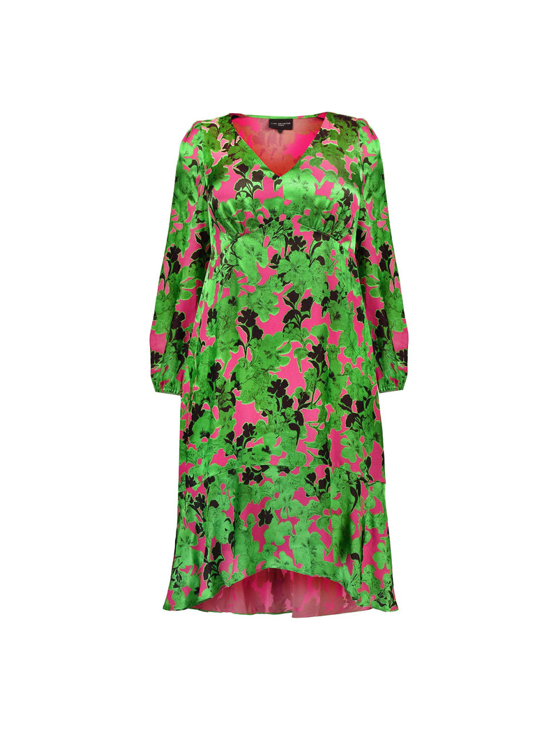 Green & Pink Floral Burnout High Low Hem Dress