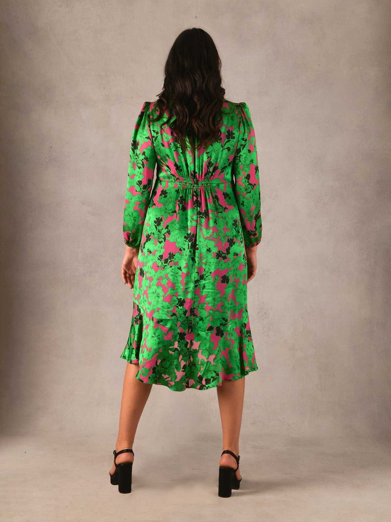Green & Pink Floral Burnout High Low Hem Dress