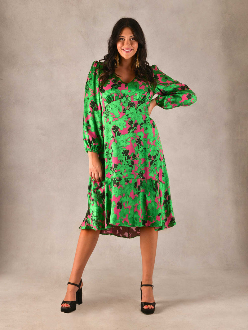 Green & Pink Floral Burnout High Low Hem Dress