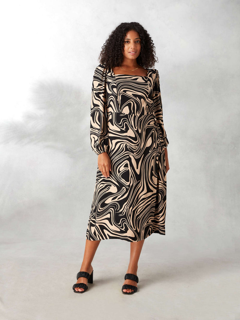 Swirl Print Square Neck Midi Dress
