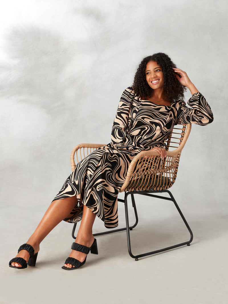 Swirl Print Square Neck Midi Dress