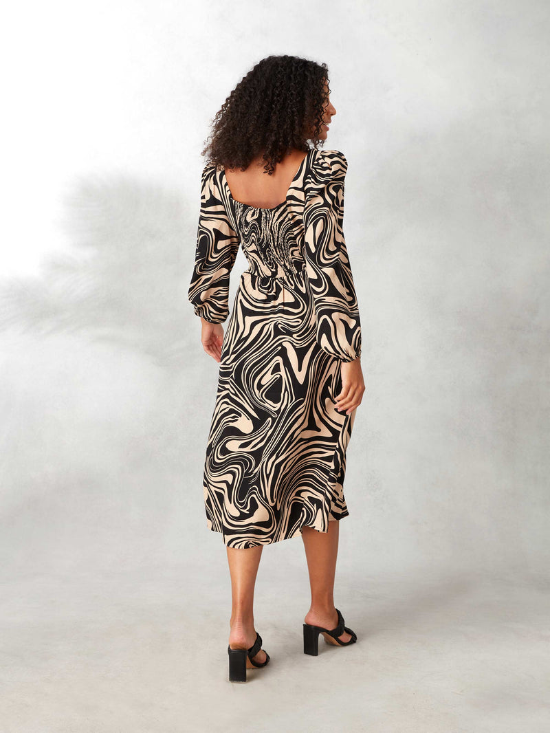 Swirl Print Square Neck Midi Dress