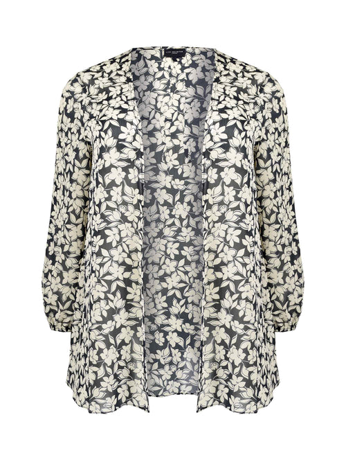 Black and Ivory Floral Print Chiffon Short Kimono