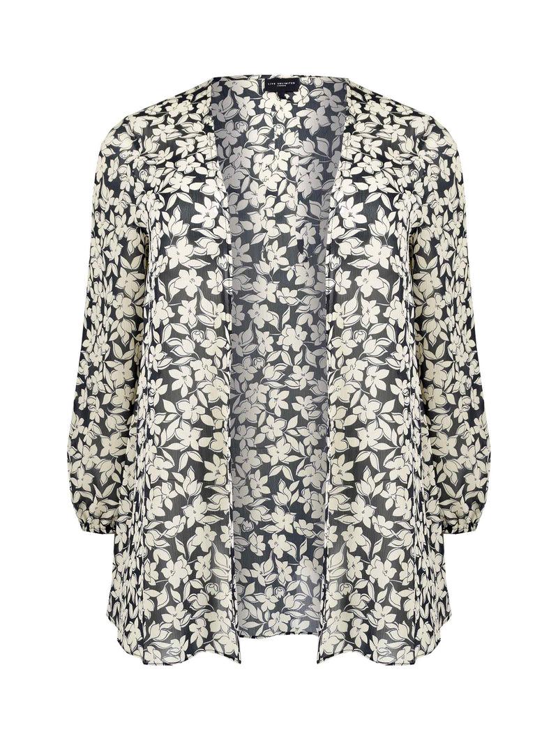 Black and Ivory Floral Print Chiffon Short Kimono