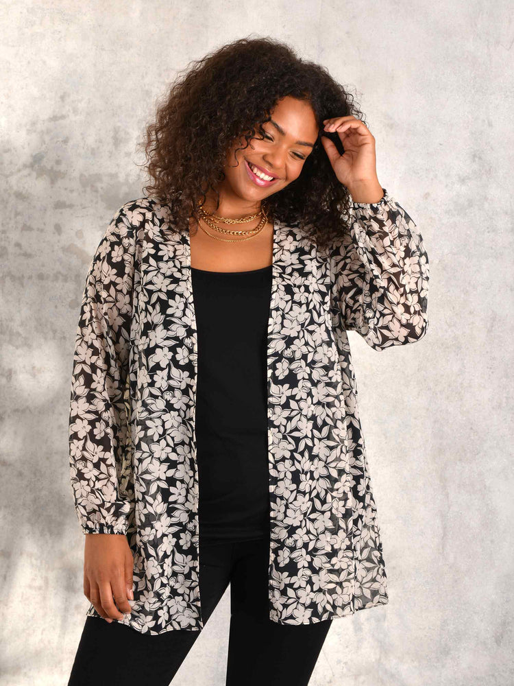 Black and Ivory Floral Print Chiffon Short Kimono