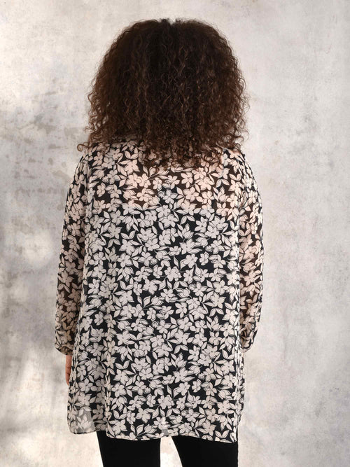 Black and Ivory Floral Print Chiffon Short Kimono